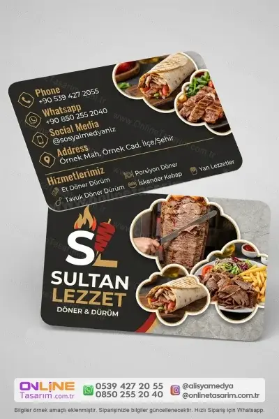 Döner dürüm kartvizit, işletmenizin kaliteli hizmet anlayışını modern ve profesyonel bir baskı tasarımıyla destekler.