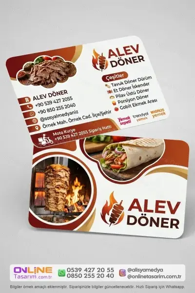 Özgün grafiklerle hazırlanan döner dürüm kartvizit, işletmenizin rakipleri arasında daha kolay fark edilmesini sağlar.