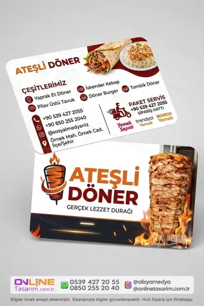 Döner dürüm kartvizit tasarımları, işletmenizin logosunu ve marka renklerini ön plana çıkaracak şekilde hazırlanabilir.