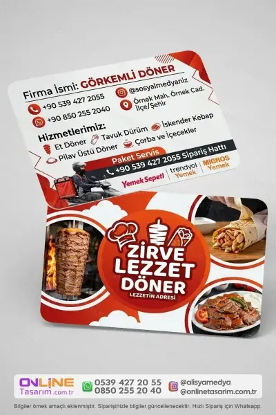 Lezzet odaklı görsel tasarımlara sahip döner dürüm kartvizit, müşterilerinizde iştah uyandıran bir tanıtım etkisi oluşturur.