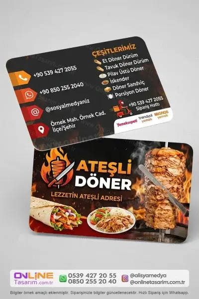 Döner dürüm kartvizit, restoranınızın profesyonel kimliğini desteklerken aynı zamanda etkili bir reklam alanı oluşturur.