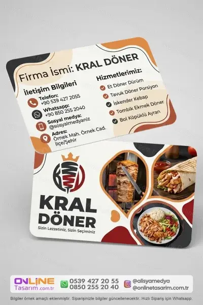 İşletmenize özel hazırlanan döner dürüm kartvizit, sosyal medya hesaplarınızı ve sipariş kanallarınızı tanıtmak için idealdir.