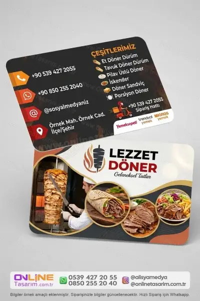 Anasayfa 29 Döner dürüm kartvizit, döner salonunuzun lezzet anlayışını profesyonel bir tasarımla müşterilerinize yansıtır.