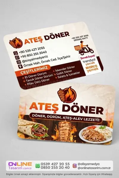 Anasayfa 28 Lezzetli döner çeşitlerinizi tanıtmak için hazırlanan döner dürüm kartvizit, müşterilerinizin sizi kolayca hatırlamasını sağlar.