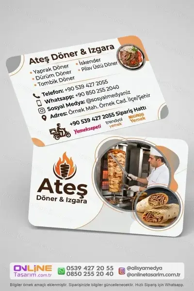 Anasayfa 25 Döner dürüm kartvizit, paket servis hizmeti sunan işletmelerin iletişim bilgilerini kolayca paylaşmasını sağlar.