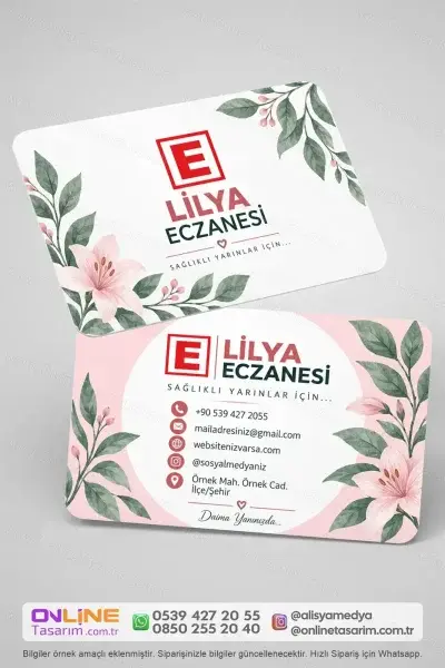 Dengeli kompozisyonuyla dikkat çeken eczane kartvizit, hem estetik hem de işlevsel bir kartvizit deneyimi oluşturur.