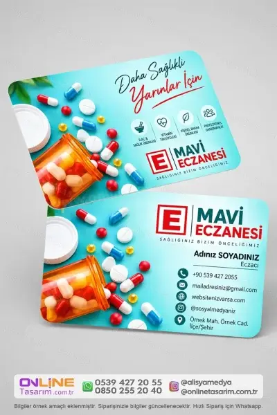 Kartvizit baskı kalitesini ön plana çıkaran eczane kartvizit, net yazılar ve belirgin grafiklerle profesyonel bir sonuç sunar.