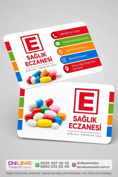 Özgün logo yerleşimi bulunan bu eczane kartvizit, eczanenin görsel kimliğini daha akılda kalıcı hale getirir.