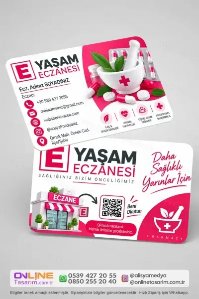 Eczane adı, telefon ve adres bilgilerinin kolay okunabildiği eczane kartvizit, kullanışlı bir kurumsal materyal olarak öne çıkar.