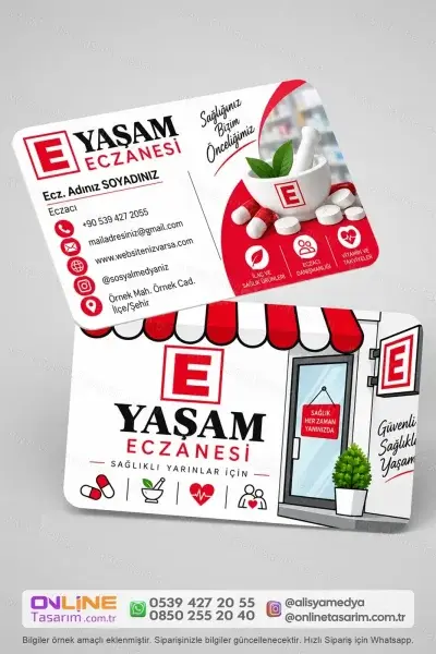 Sağlık ve doğallık temasını bir araya getiren eczane kartvizit, özellikle yeşil tonları seven markalar için ideal bir görünüm sunar.
