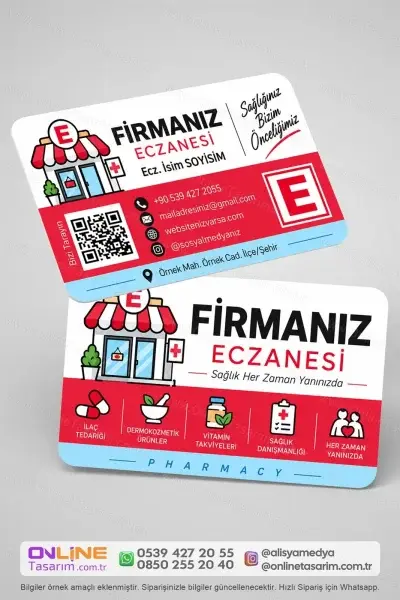 Farklı renk kombinasyonlarıyla hazırlanabilen eczane kartvizit, her eczanenin kendine özgü marka karakterini yansıtabilir.