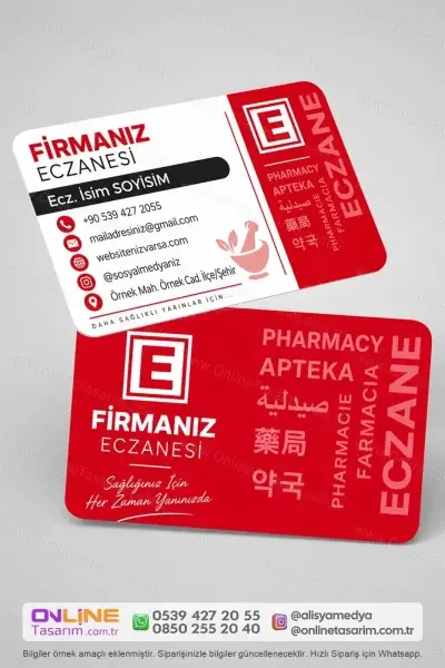 Eczacı kartvizit örnekleri arasında öne çıkan bu eczane kartvizit, kişisel bilgilerle kolayca özelleştirilebilir.