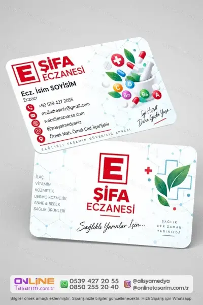 Kartvizit basımı öncesinde hazırlanan bu eczane kartvizit tasarımı, baskıya uygun ölçüler ve yüksek çözünürlüklü grafiklerle oluşturulabilir.