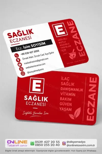 Eczane kartvizit örnekleri arasında yer alan bu tasarım, sade renkleri ve düzenli bilgi yapısıyla dikkat çeker.