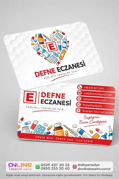 Tasarım, baskı ve kişiselleştirme seçenekleri bir araya getirildiğinde bu eczane kartvizit, eczanenizin kurumsal kimliğini güçlü şekilde yansıtan bir materyale dönüşür.