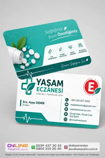 Yeşil tonların hakim olduğu eczane kartvizit, eczanenin doğal ve güvenilir kimliğini ön plana çıkarır.