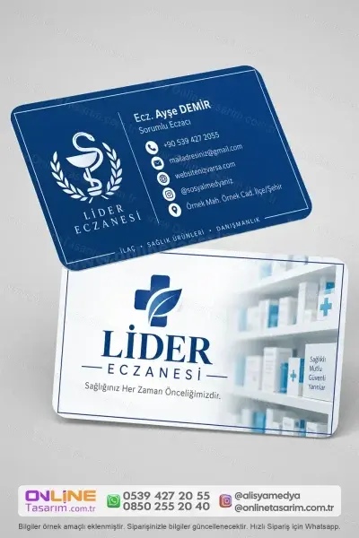 Minimal ikon kullanımı sayesinde eczane kartvizit, telefon, adres ve sosyal medya bilgilerinin kolay anlaşılmasını sağlar.