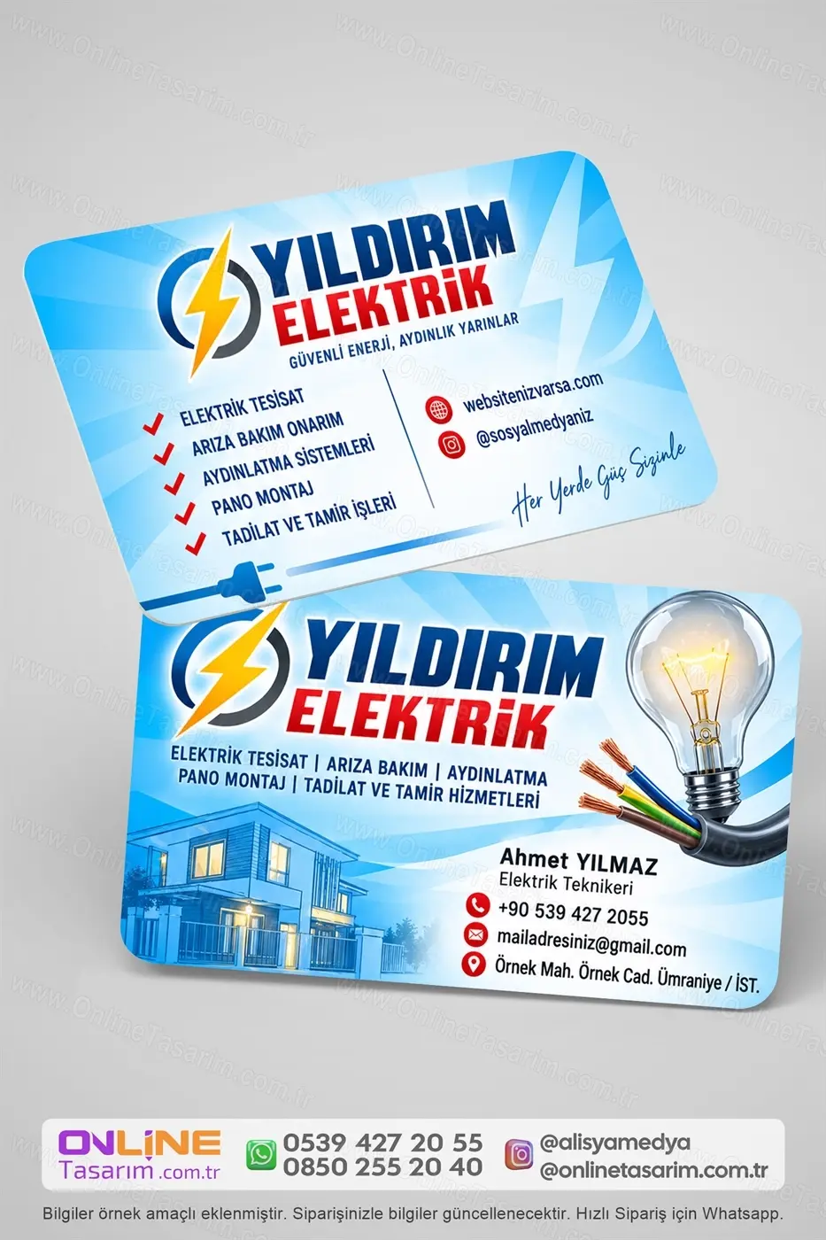 Elektrik kartvizit tasarımı için hazırlanmış modern ve profesyonel baskı örneği.