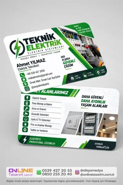Elektrik kartvizit tasarımı ile işletme iletişim bilgilerini öne çıkaran baskı örneği.